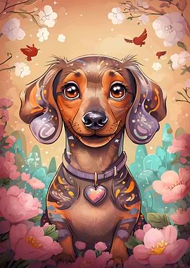Cute Dachshund with Flowers