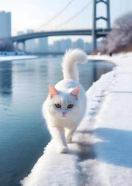 White Cat on Snowy Riverbank