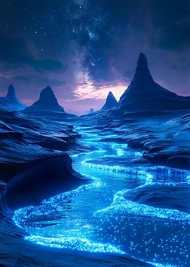 Bioluminescent River in a Starry Night