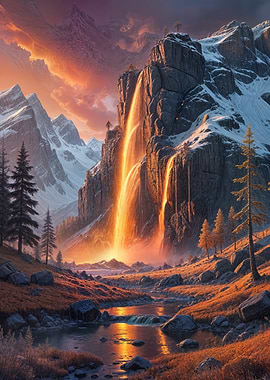 Fiery Waterfall in Mountains
