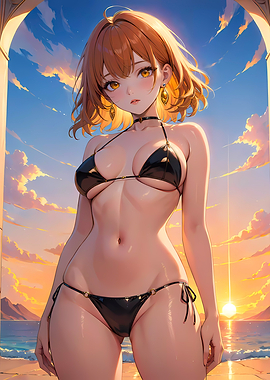 Sexy Anime Girl in Bikini at Sunset