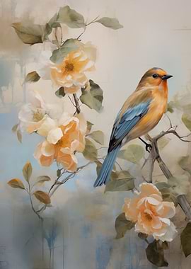 Bird on Branch Flowers