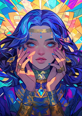 Blue-Haired Woman with Gemstone Jewelry