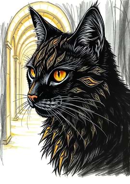 Black Cat with Golden Feathers
