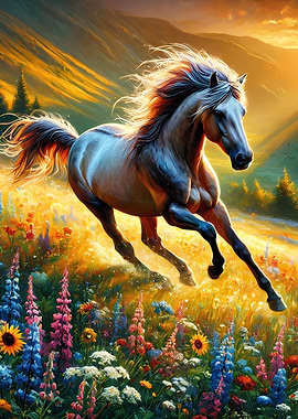 Horse Running Through Meadow