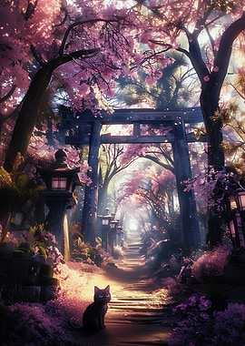 Cat in Cherry Blossom Forest