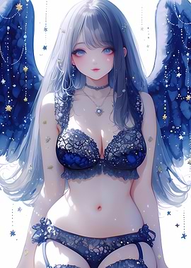 Blue Angel with Stars Anime Girl Waifu