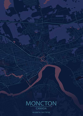 Moncton New Brunswick Canada Blue and Purple City Map