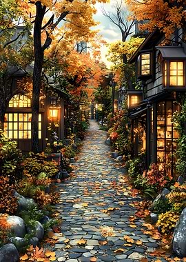 Cobblestone Lane in Autumn Japanese Landscape