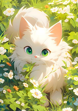 White Cat in Flowers