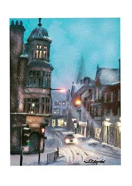 Snowy City Street at Night