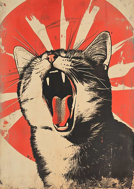 Cat with Rising Sun Japanese Painting