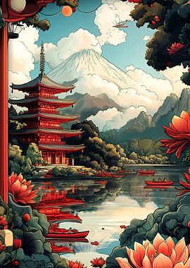 Japanese Pagoda and Mountain