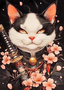 Samurai Bombay Cat with Cherry Blossoms