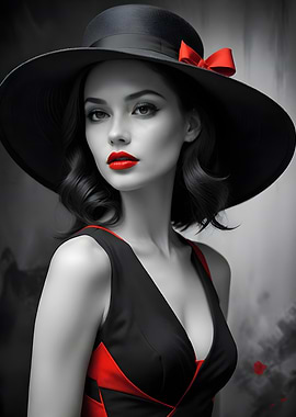Woman in Black Hat and Red Dress