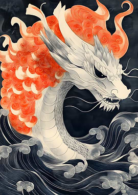 White Dragon in Waves Japanese Landscape