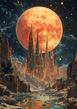 Fantasy Cityscape with Giant Moon