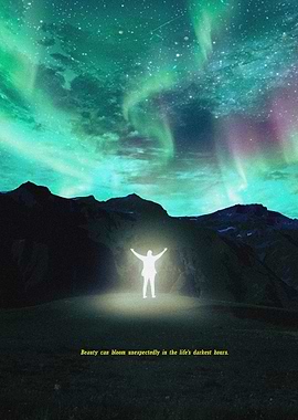 Glowing Silhouette Standing Under Starry Skies with Northern Lights