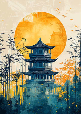 Japanese Pagoda Sunset