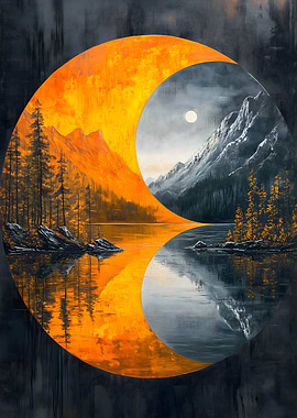 Yin Yang Mountain Lake Japanese Landscape