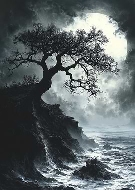 Silhouetted Tree by the Sea