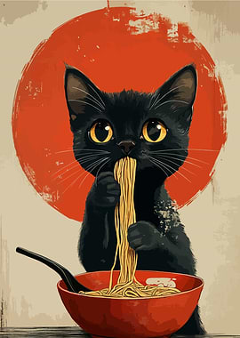 Black Cat Eating Ramen