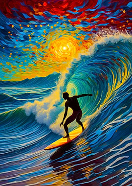 Surfer in Sunset Wave Starry Night