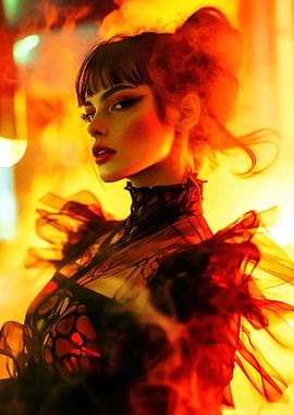 Woman in Black Dress with Fire Background