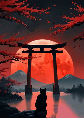 Black Cat With Torii Gate