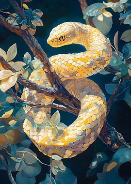 A serpent coiled around a tree branch Art