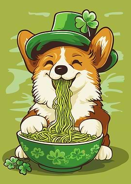 Corgi Eating Green Ramen