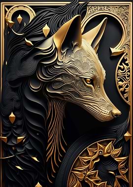 Golden Wolf Portrait Art Deco