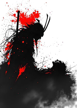 Samurai Silhouette with Blood Splatter