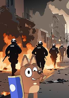 Cartoon Dog in Riot Scene