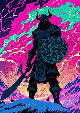 Viking Warrior in Neon Aurora