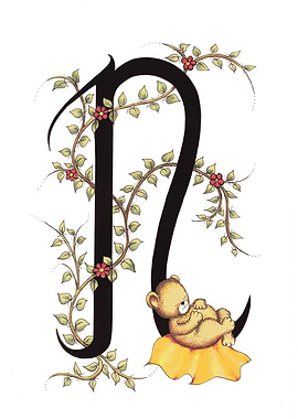 Floral Letter N with Bear