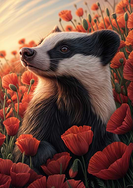 Badger in Poppy Field