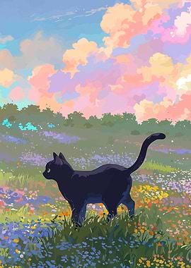 Black Cat in Flower Field