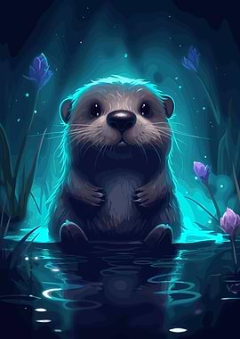 Cute Otter in Blue Light
