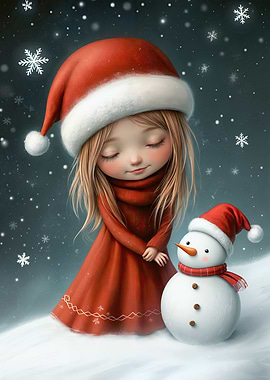 Girl and Snowman in Winter