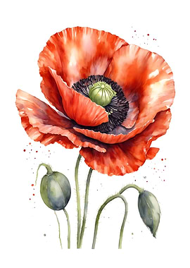 Red Watercolor Poppy Flower