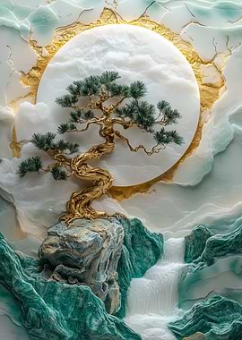 Gold Bonsai Waterfall Wall Art