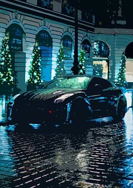 Drawing of a Nissan GTR parked in the streets of Paris during Nighttime.
