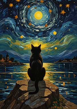 Cat Under Starry Night