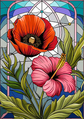 Stained Glass Design : Poppy and Hibiscus Harmony