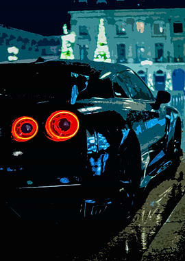 Drawing of a Nissan GTR parked in the streets of Paris during Nighttime.