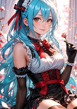 Elegant Anime Maid with Aqua Hair in a Floral Setting
