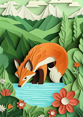 Papercut Fox Drinking from Pond