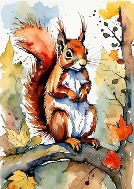Red Squirrel Watercolor Painting
