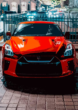 Drawing of a Nissan GTR parked in the streets of Paris